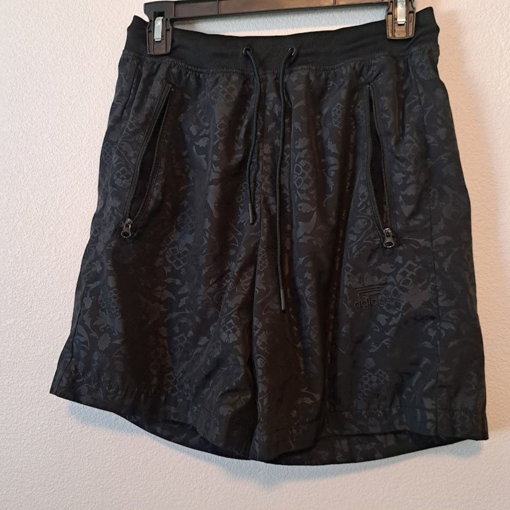 Adidas Originals Mens Black Damask Floral Jacquard Shorts Trefoil Zip Pockets S